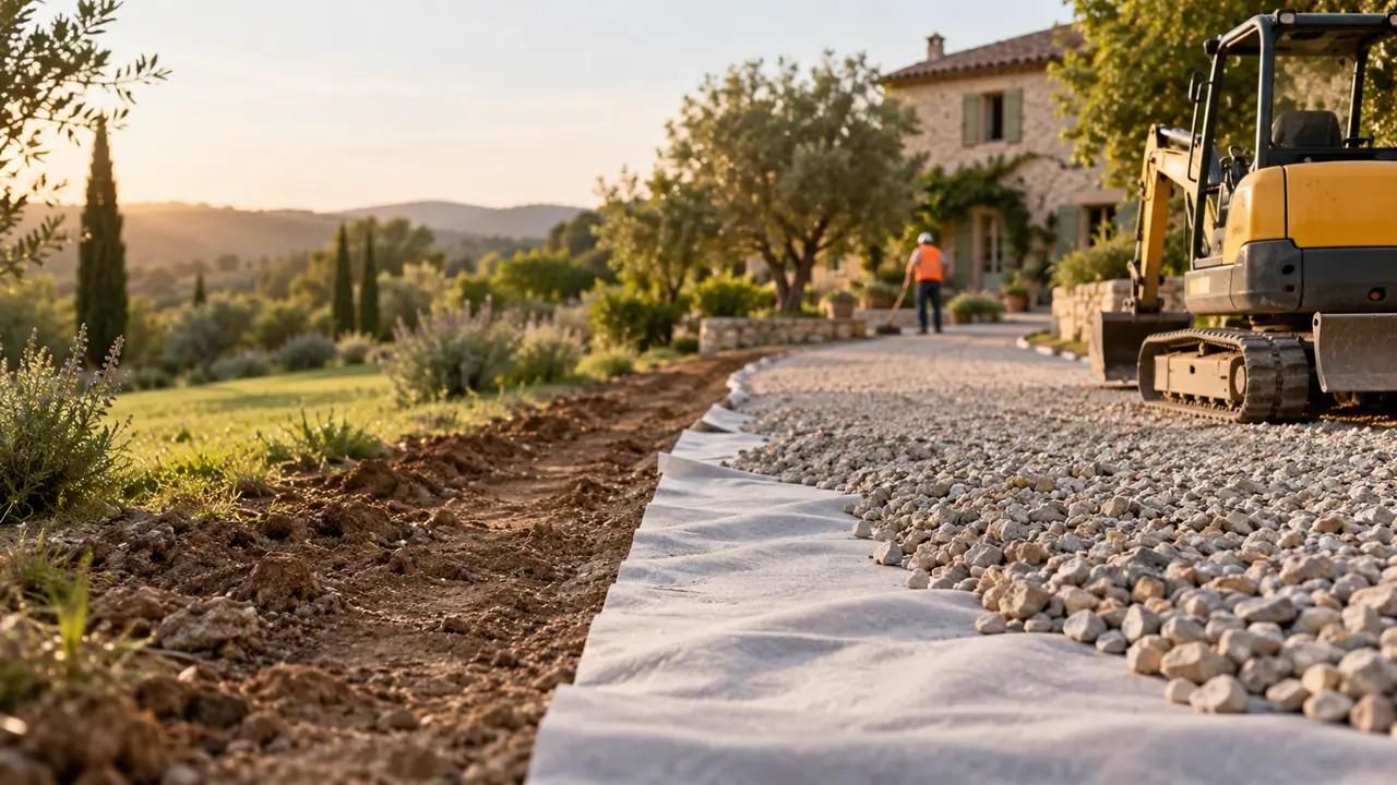 Allée carrossable en cours de création avec géotextile