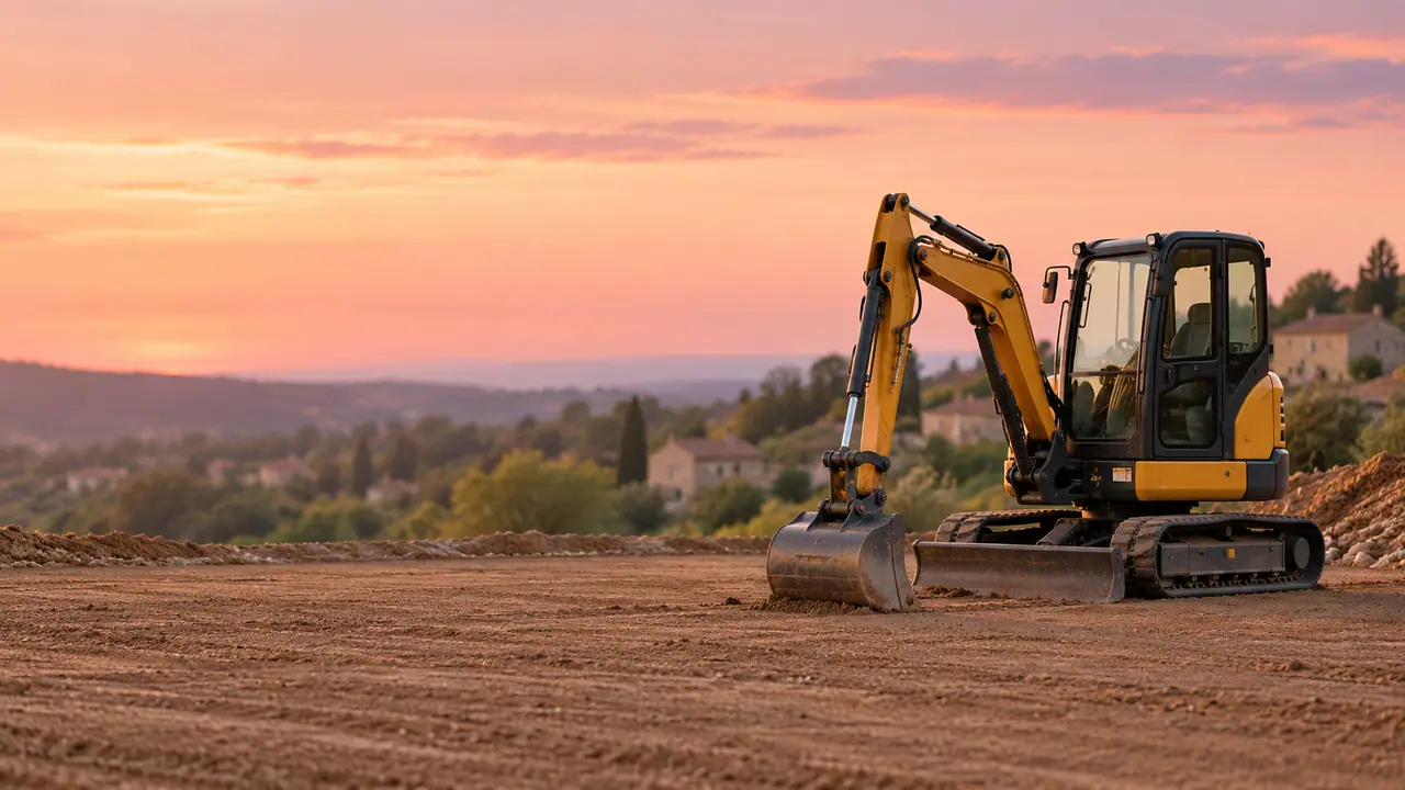 Mini-pelle à l’arrêt au crépuscule sur un chantier terminé