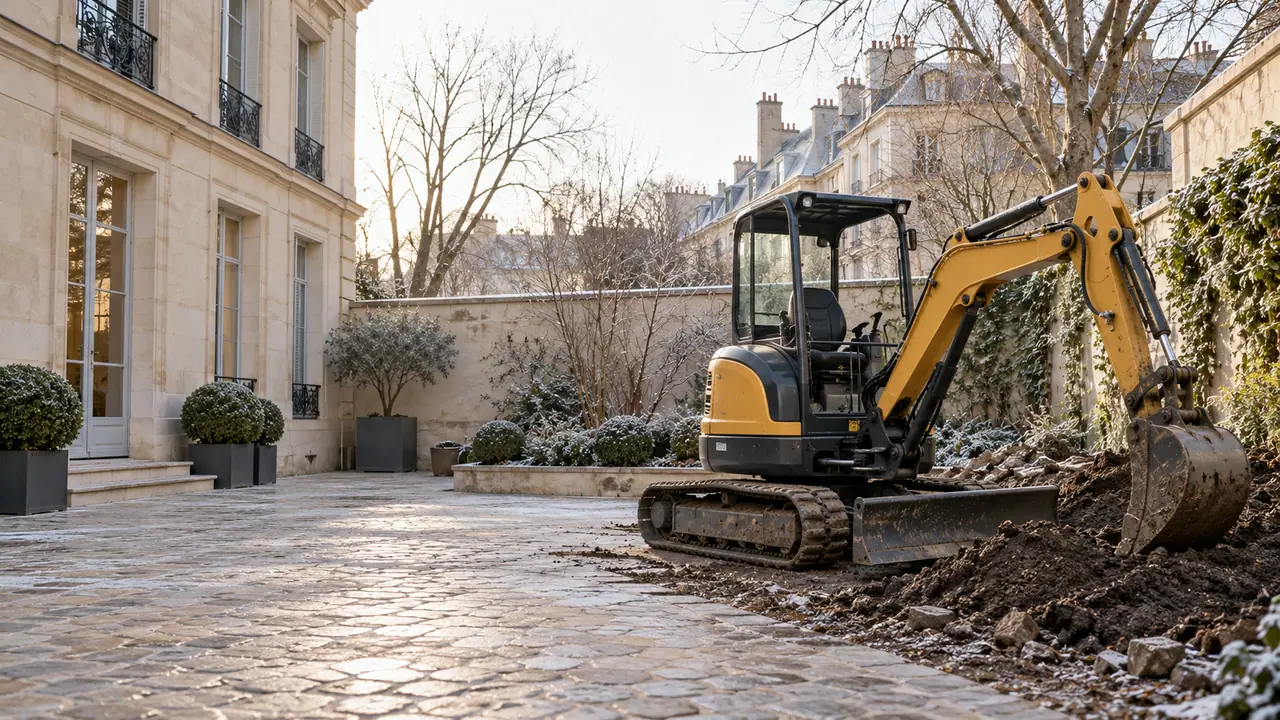 Micro-pelle dans une cour d’immeuble en pierre de taille