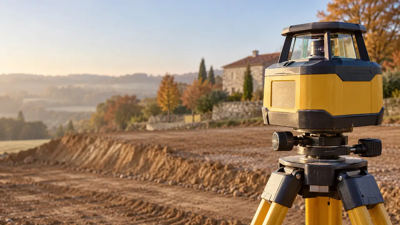 Niveau laser sur trépied au bord d’une plateforme terrassée
