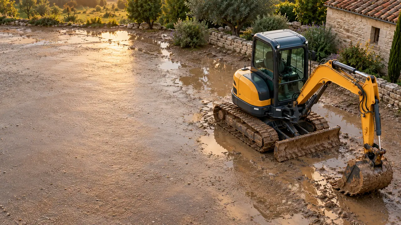 Mini-pelle aux chenilles boueuses après la pluie