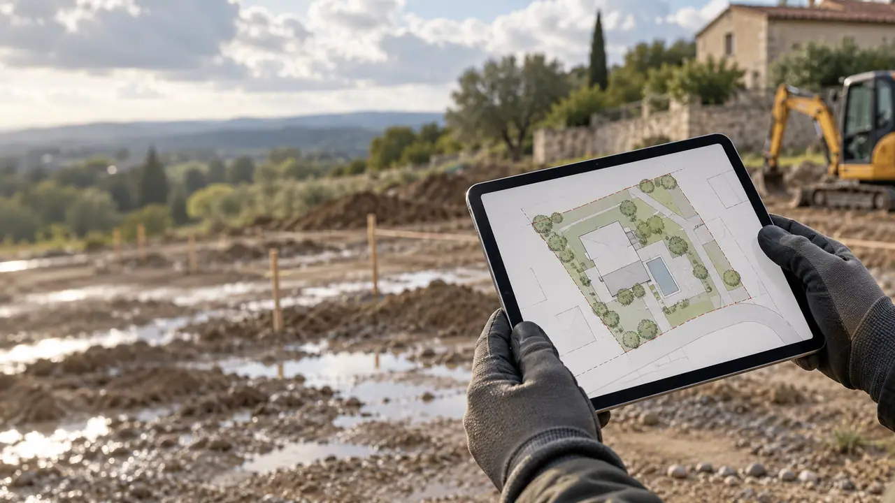 Plan de chantier sur tablette devant un terrain piqueté