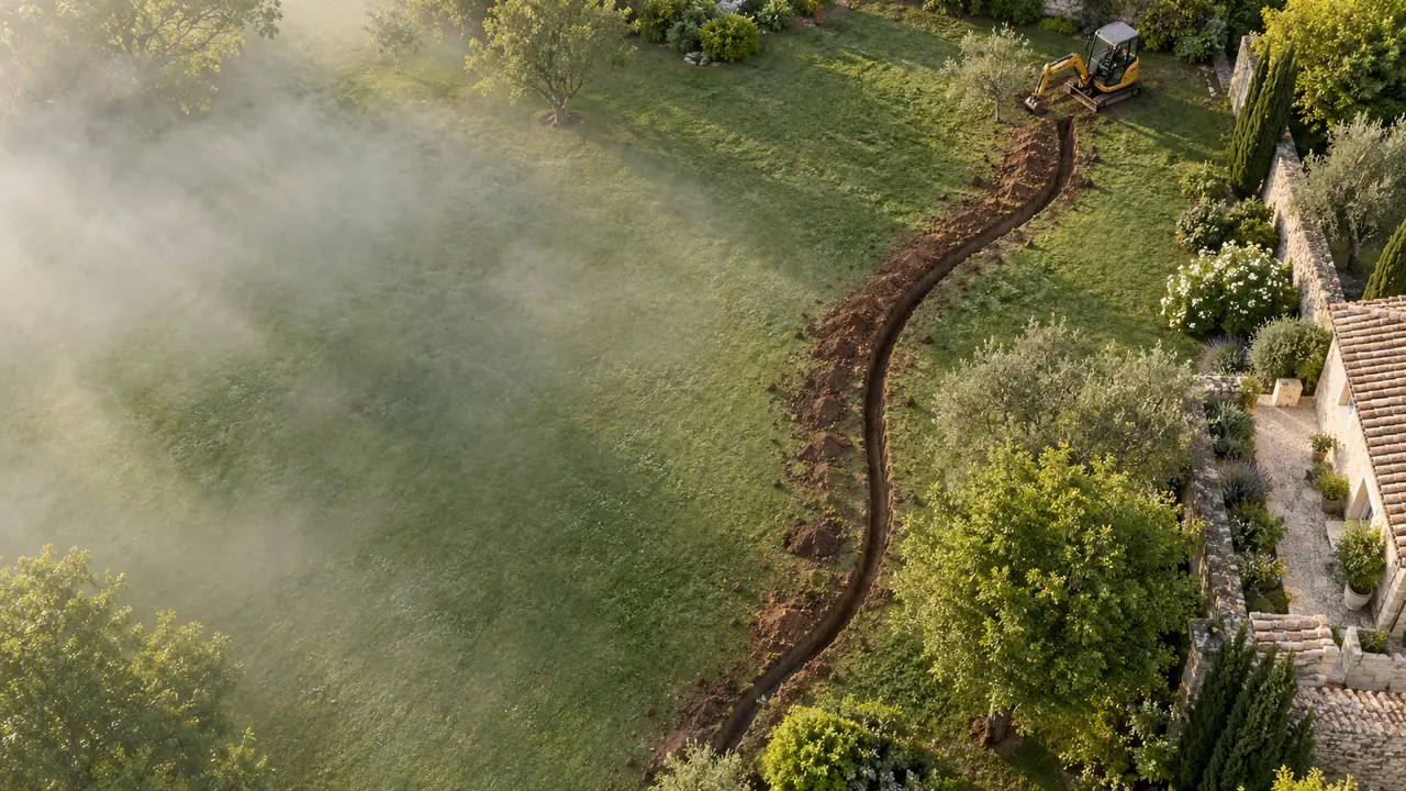 Vue zénithale d’une tranchée traversant un jardin